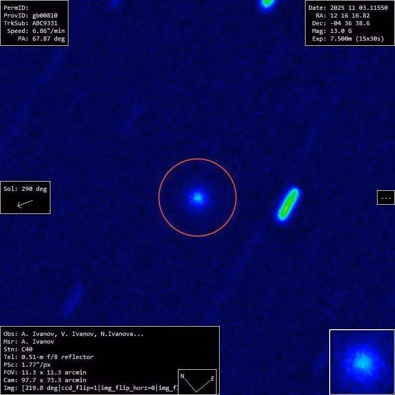 An image of a new object C/2025 V1, taken on November 3, 2025. No cometary tail is visible.