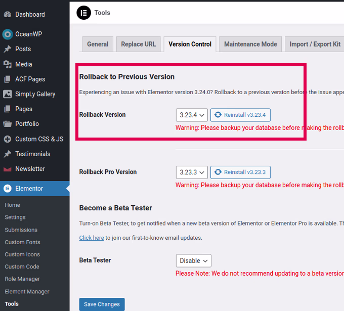 rollback elementor Version Control